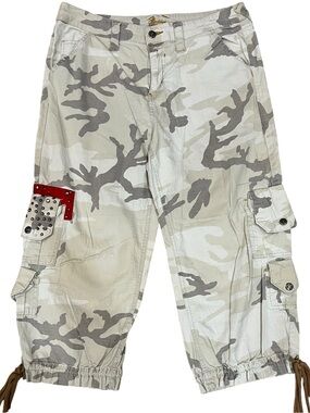 Goddess Beige & Gray Camo Cargo Capris with Red Stud Accent